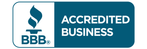 A blue banner with the words accredited business