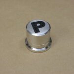 A silver knob with the letter p on it.