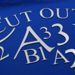 A blue sheet with cut out letters and numbers.