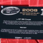 A plaque with information about the 2 0 0 8 mustang shelby gt 5 0 0 coupe.