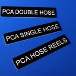 Three different types of hose labels on a blue background.