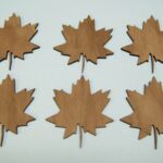 Six wooden maple leaves are arranged on a white surface.