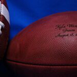 A close up of the side of an american football