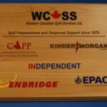 A wooden plaque with some logos on it