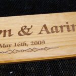 A wooden plaque with the name of an event and date.